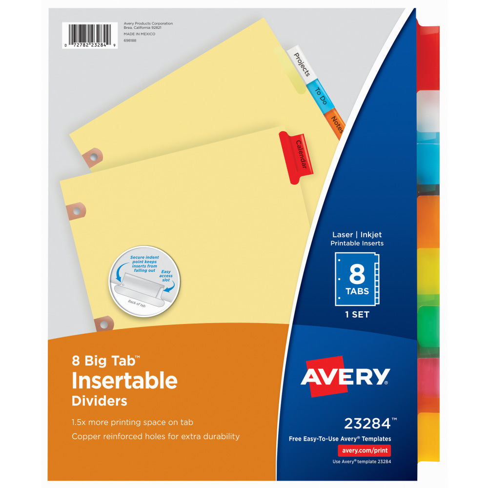 Avery Big Tab Insertable Dividers, Copper Reinforced, Buff/Multicolor, 8 1/2in x 11in, 8-Tab