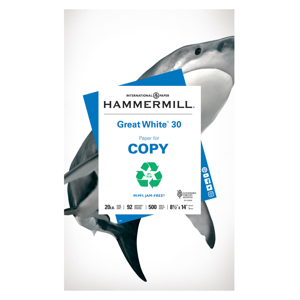 Hammermill Great White Copy Paper, 1 Ream, White, Legal (8.5in x 14in), 500 Sheets Per Ream, 20 Lb, 92 Brightness, 30% Recycled