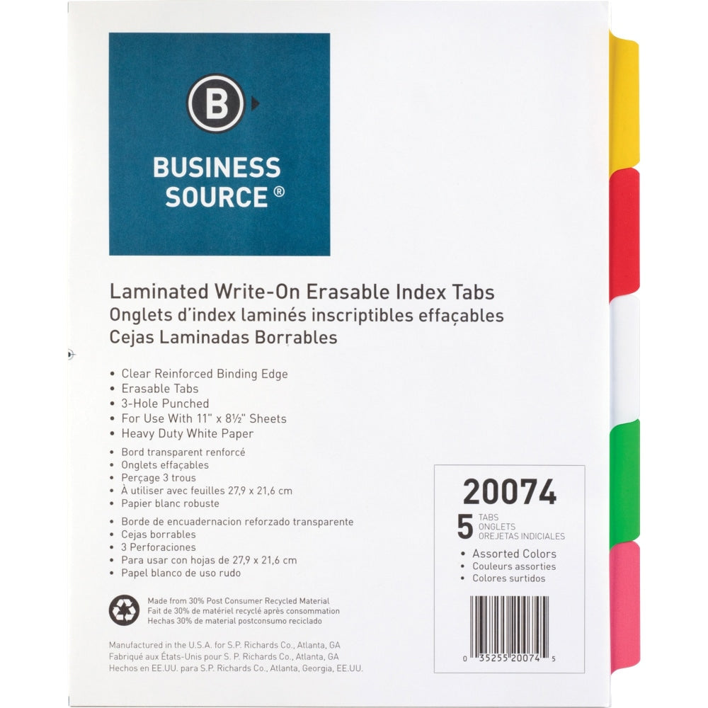 Business Source Laminated Write-On Tab Indexes - 5 Write-on Tab(s) - 5 Tab(s)/Set - 11in Tab Height x 8.50in Tab Width - 3 Hole Punched - Self-adhesive, Removable - Multicolor Mylar Tab(s) - Recycled