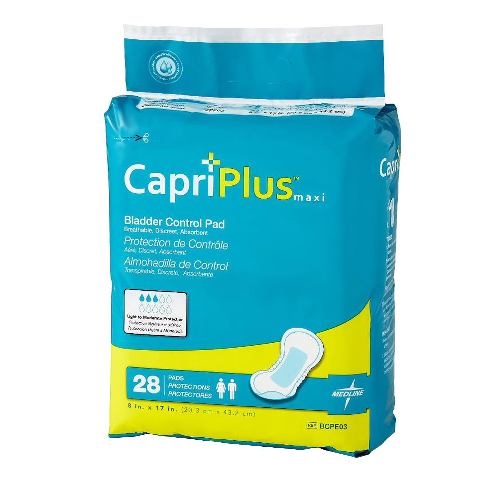 Capri Plus Bladder Control Pad Incontinent Liners, Ultra Plus, 8in x 17in, White, Case Of 28