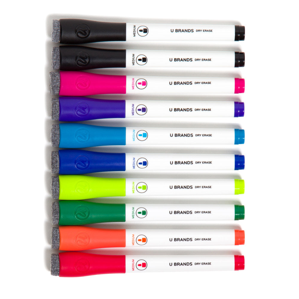 U Brands Low-Odor Dry-Erase Markers, Medium Point, White Barrels, Assorted Ink Colors, Pack Of 10 Markers