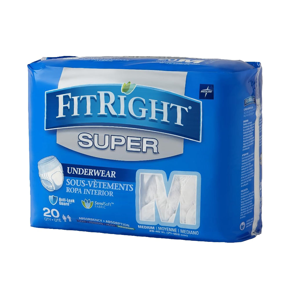 FitRight Super Protective Underwear, Medium, 28 - 40in, White, Pack Of 20