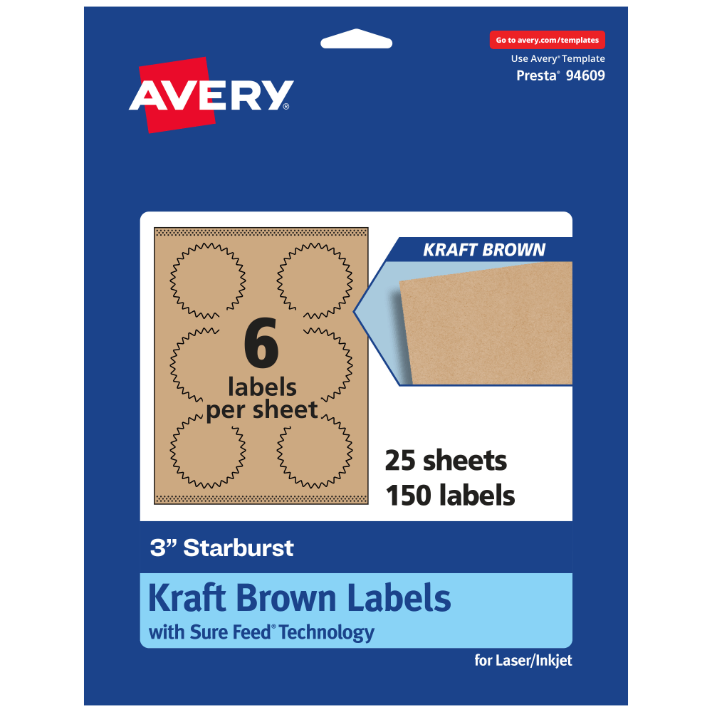 Avery Kraft Permanent Labels With Sure Feed, 94609-KMP25, Starburst, 3in, Brown, Pack Of 150