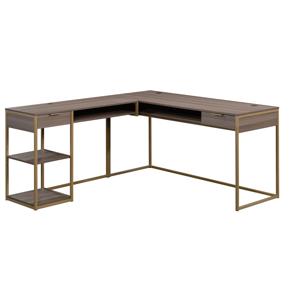 Sauder International Lux 66inW L-Shaped Computer Desk, Diamond Ash/Gold