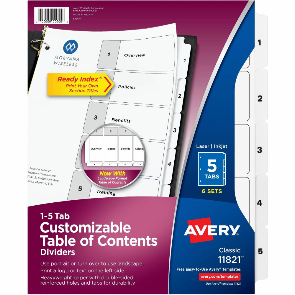 Avery Ready Index Classification Folder Binder Dividers, 8-1/2in x 11, White, 5 Dividers Per Set, Pack Of 6 Sets