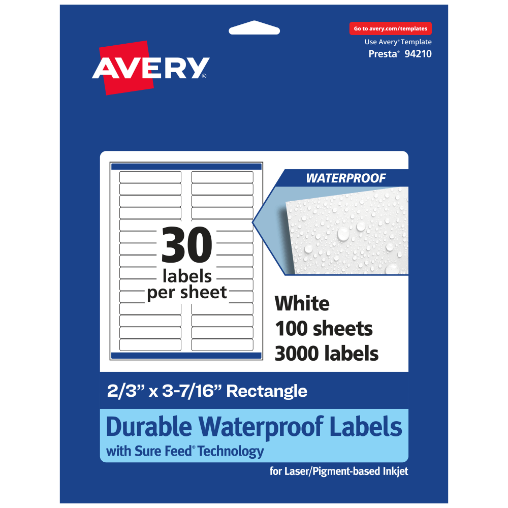 Avery Waterproof Permanent Labels With Sure Feed, 94210-WMF100, Rectangle, 2/3in x 3-7/16in, White, Pack Of 3,000