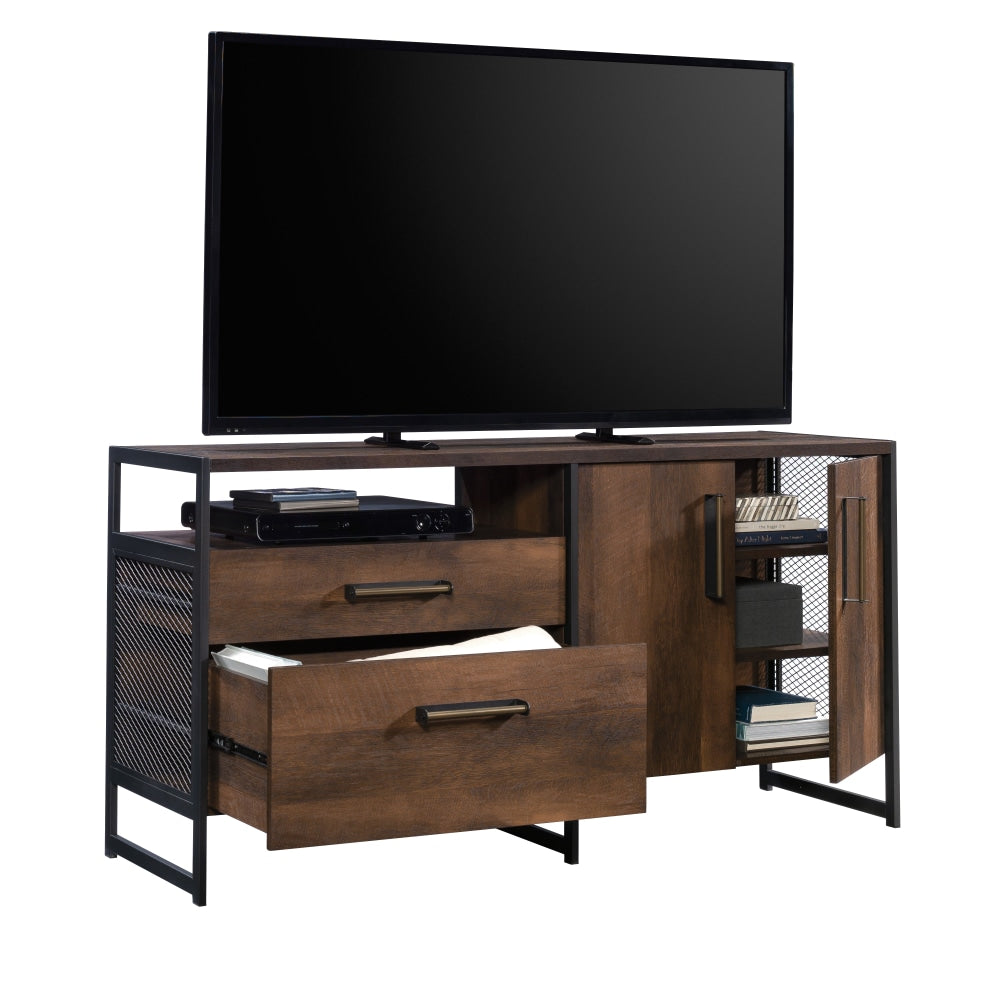 Sauder Briarbrook Modern Entertainment Credenza Cabinet For 60in TVs With Doors And Drawers, 29-3/4inH x 58inW x 18-1/2inD, Barrel Oak/Black