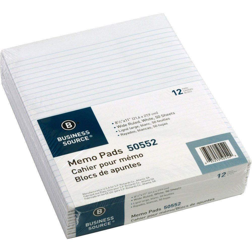 Business Source Glued Top Ruled Memo Pads - Letter - 50 Sheets - Glue - Wide Ruled - 16 lb Basis Weight - Letter - 8 1/2in x 11in - White Paper - 1 Dozen