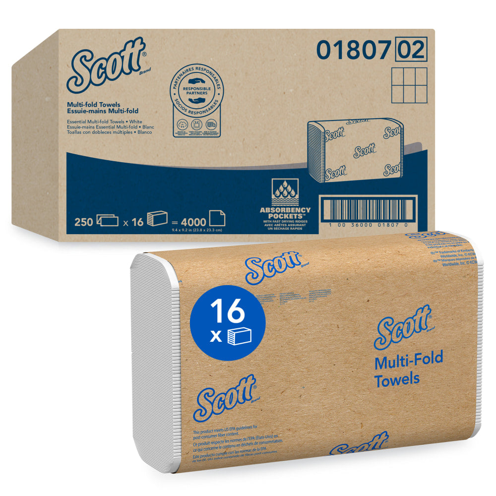 Scott 70% Recycled Fiber Multifold Paper Towels, 9.2in x 9.4in, White, 250 Towels Per Pack, Carton Of 16 Packs