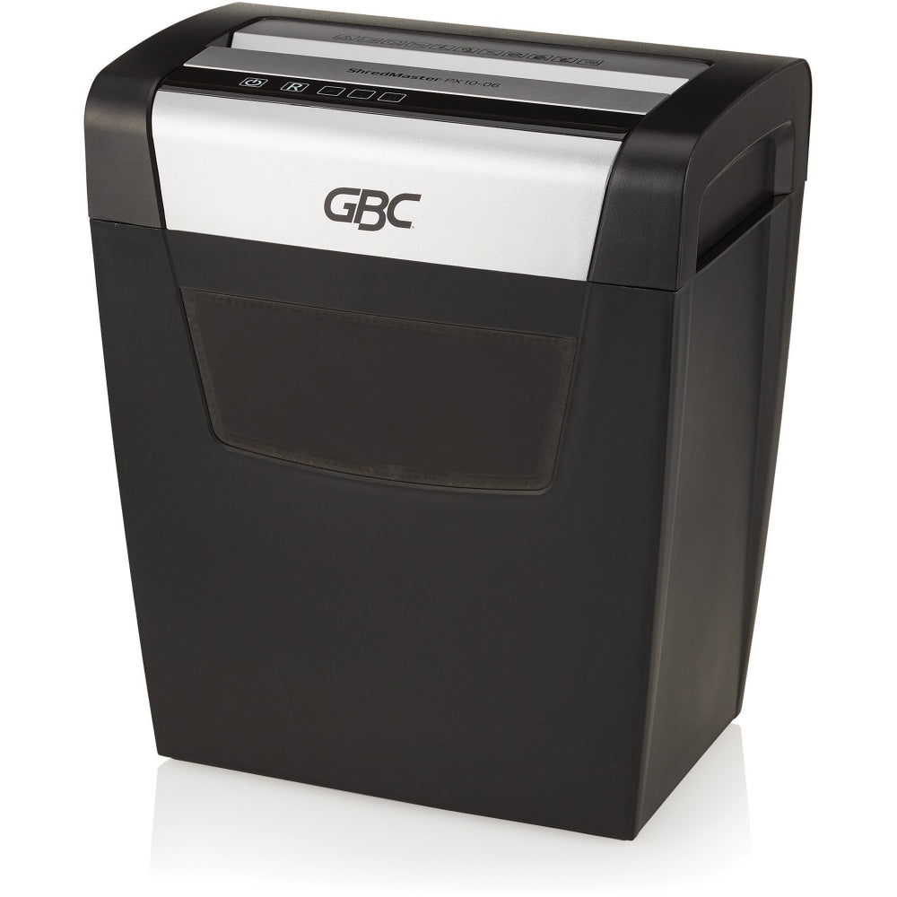 GBC ShredMaster PX10-06 Super Cross-Cut Paper Shredder - Non-continuous Shredder - Super Cross Cut - 10 Per Pass - for shredding Staples, Paper Clip - P-4 - 5.90 ft/min - 9in Throat - 6 Minute Run Time - 6 gal Wastebin Capacity - Black, Chrome