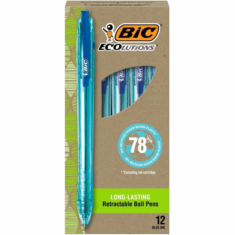 BIC Ecolutions Retractable Ballpoint Pen, Medium Point, 1 mm, Semi Clear Barrel/Blue Ink, Pack Of 12