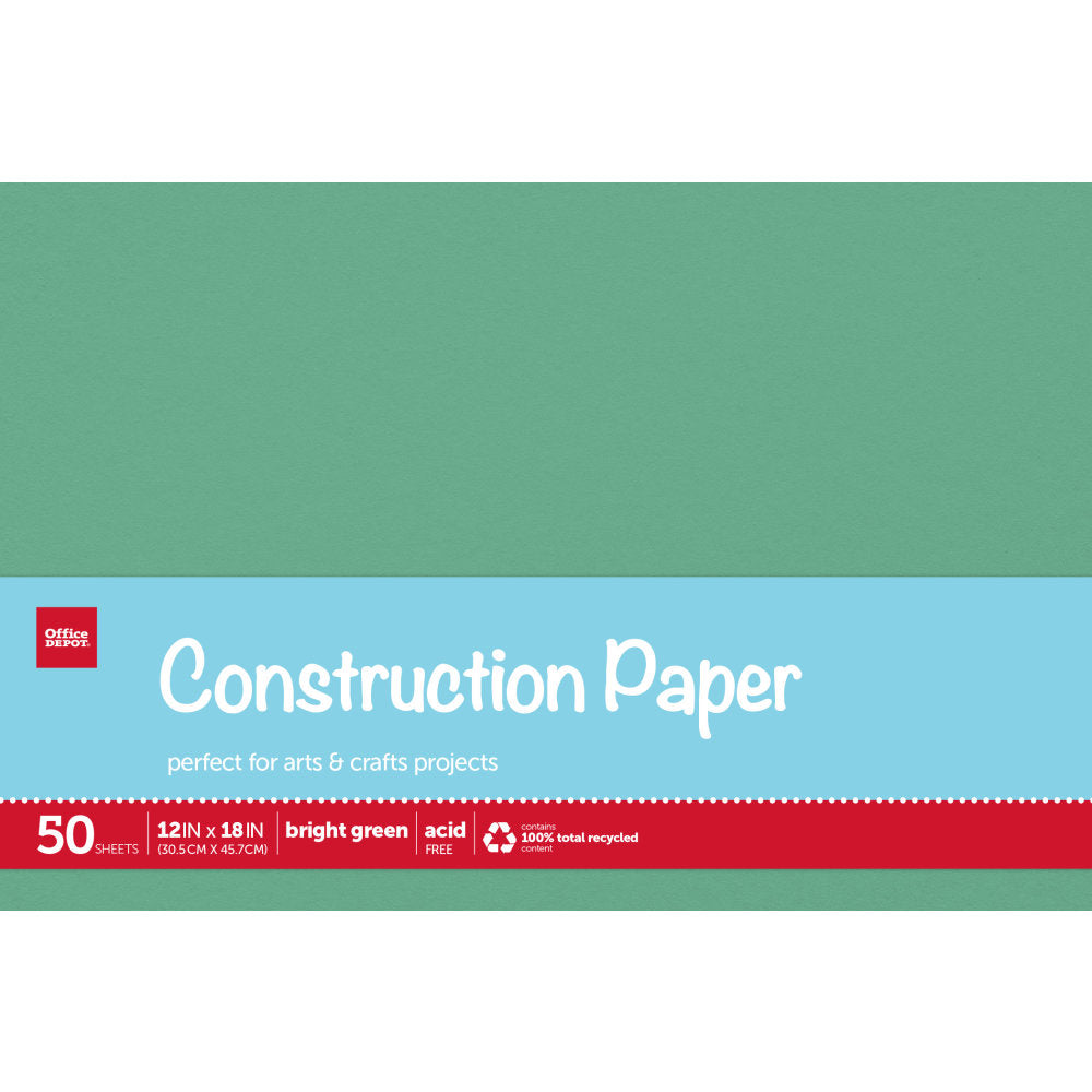 Office Depot Brand Construction Paper, 12in x 18in, 100% Recycled, Bright Green, Pack Of 50 Sheets