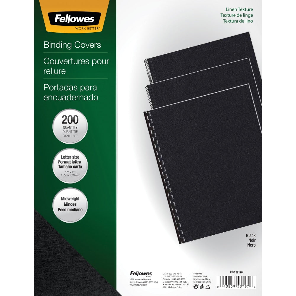 Fellowes ExpressionsLinen Presentation Covers, 8 1/2in x 11in x 0.1in, Black, Pack Of 200