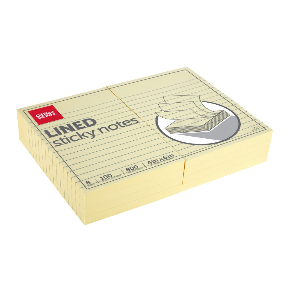 Office Depot Brand Lined Sticky Notes, 4in x 6in, Pastel Yellow, 100 Sheets Per Pad, Pack Of 8 Pads