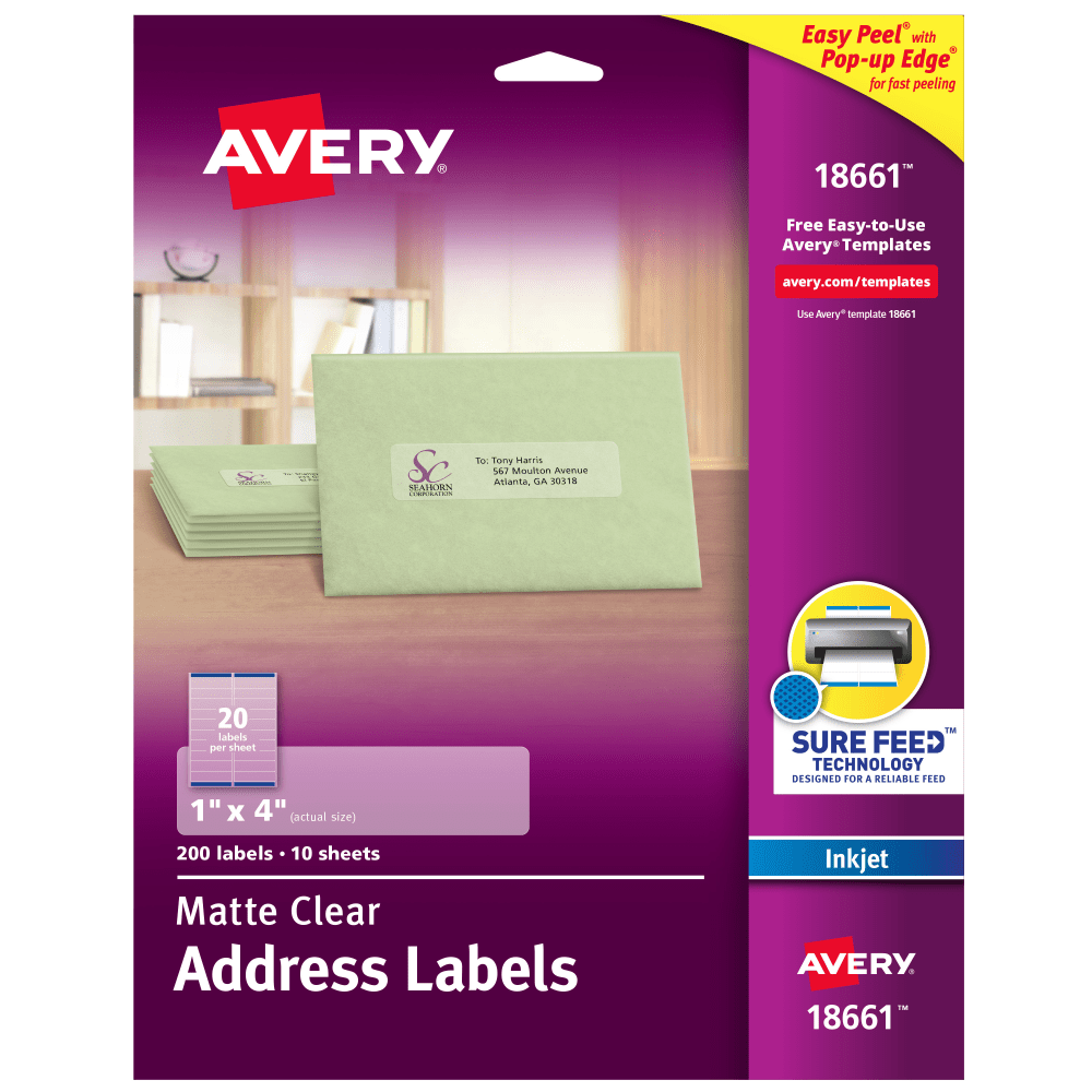 Avery Matte Address Labels With Sure Feed Technology, 18661, Rectangle, 1in x 4in, Clear, Pack Of 200 Labels