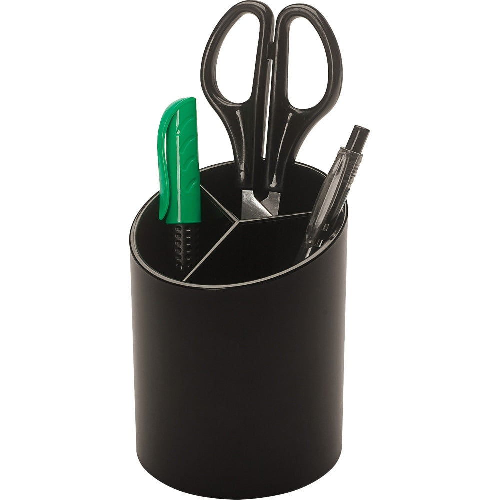 Business Source Large 3-Compartment Plastic Pencil Cup - 3in x 3in x 4.1in x - Plastic - 1 Each - Black