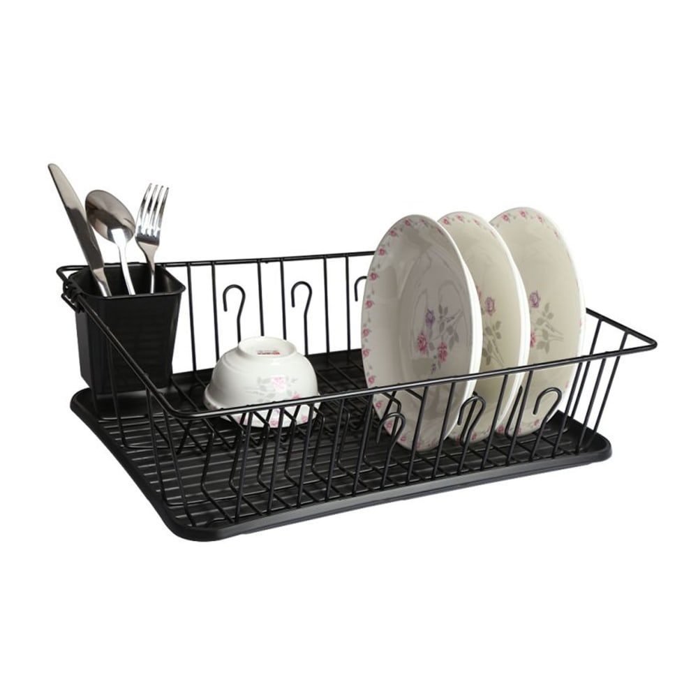 MegaChef Dish Rack With 14 Plate Positioners And Detachable Utensil Holder, 17-1/2in, Black