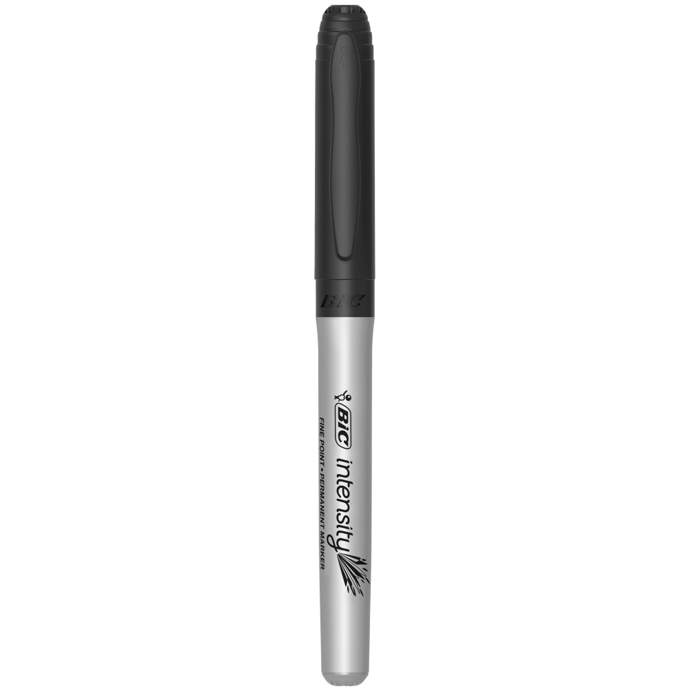 BIC Intensity Permanent Markers, Fine Point, Grip Silver Barrel, Black, Pack Of 12