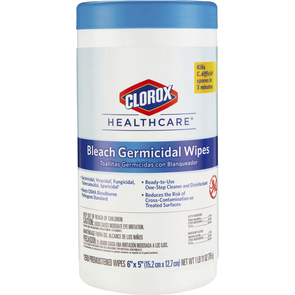 Clorox Healthcare Germicidal Wipes With Bleach, Unscented, 6in x 5in, Pack Of 150 Wipes