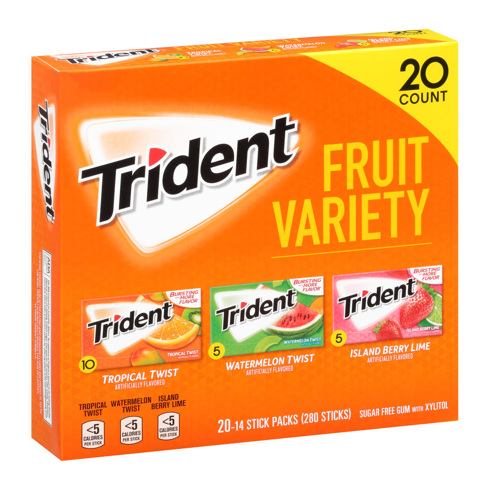 Trident Sugar-Free Gum, Fruit, 14 Pieces Per Pack, Case Of 20 Packs