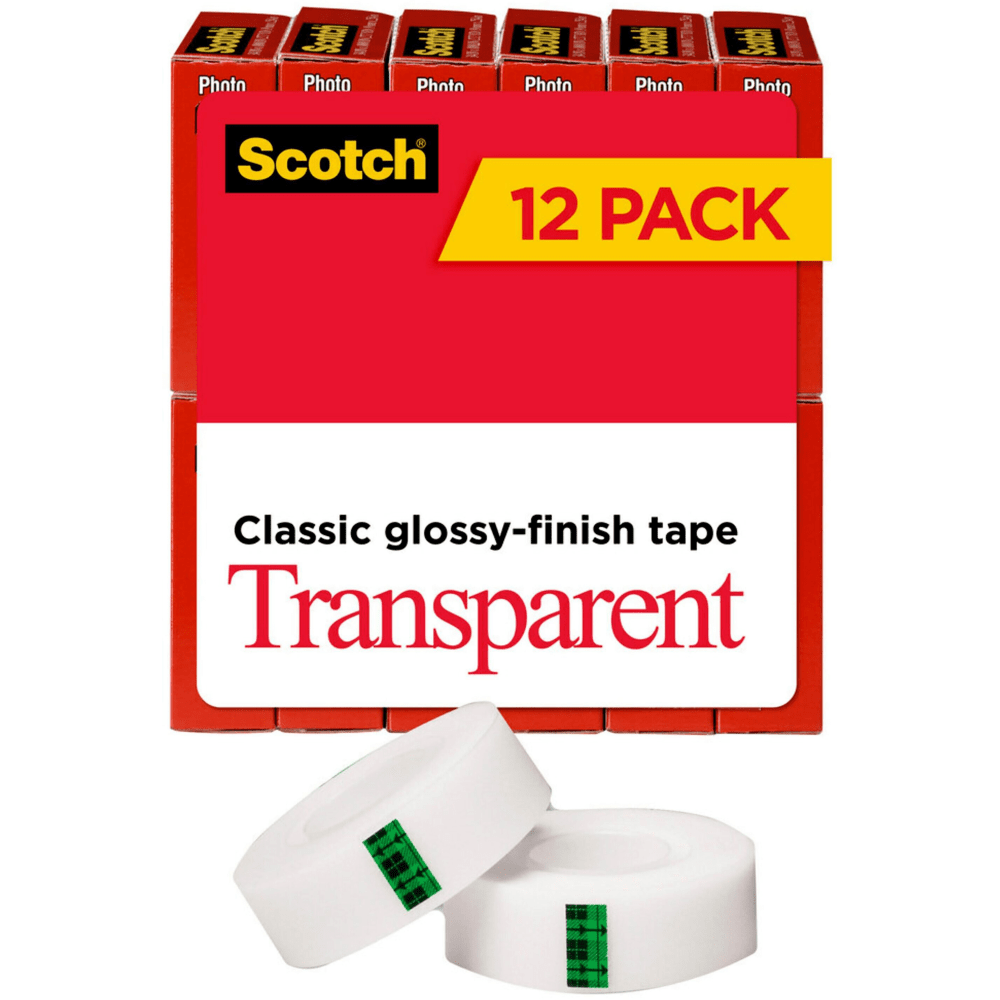 Scotch Transparent Tape, 3/4 in x 1000 in, 12 Tape Rolls, Home Office and School Supplies