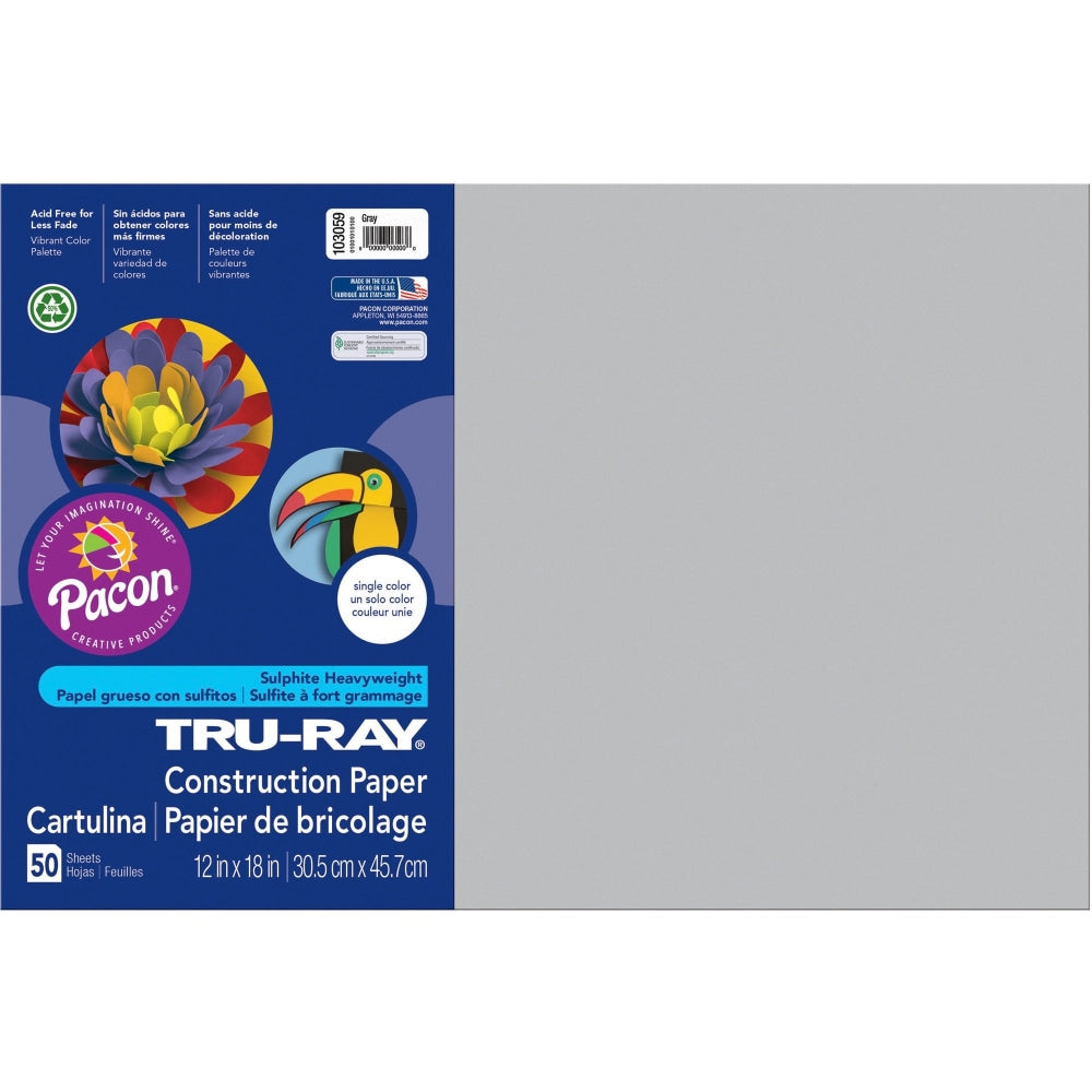 Tru-Ray Construction Paper, 50% Recycled, 12in x 18in, Gray, Pack Of 50