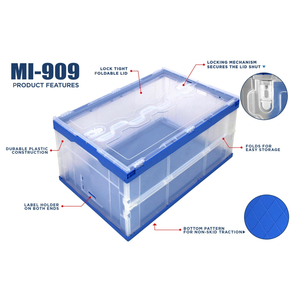 Mount It! Collapsible Plastic Storage Crate With Lid, 65 Liters, 15.25in x 23in x 13in, Clear/Blue