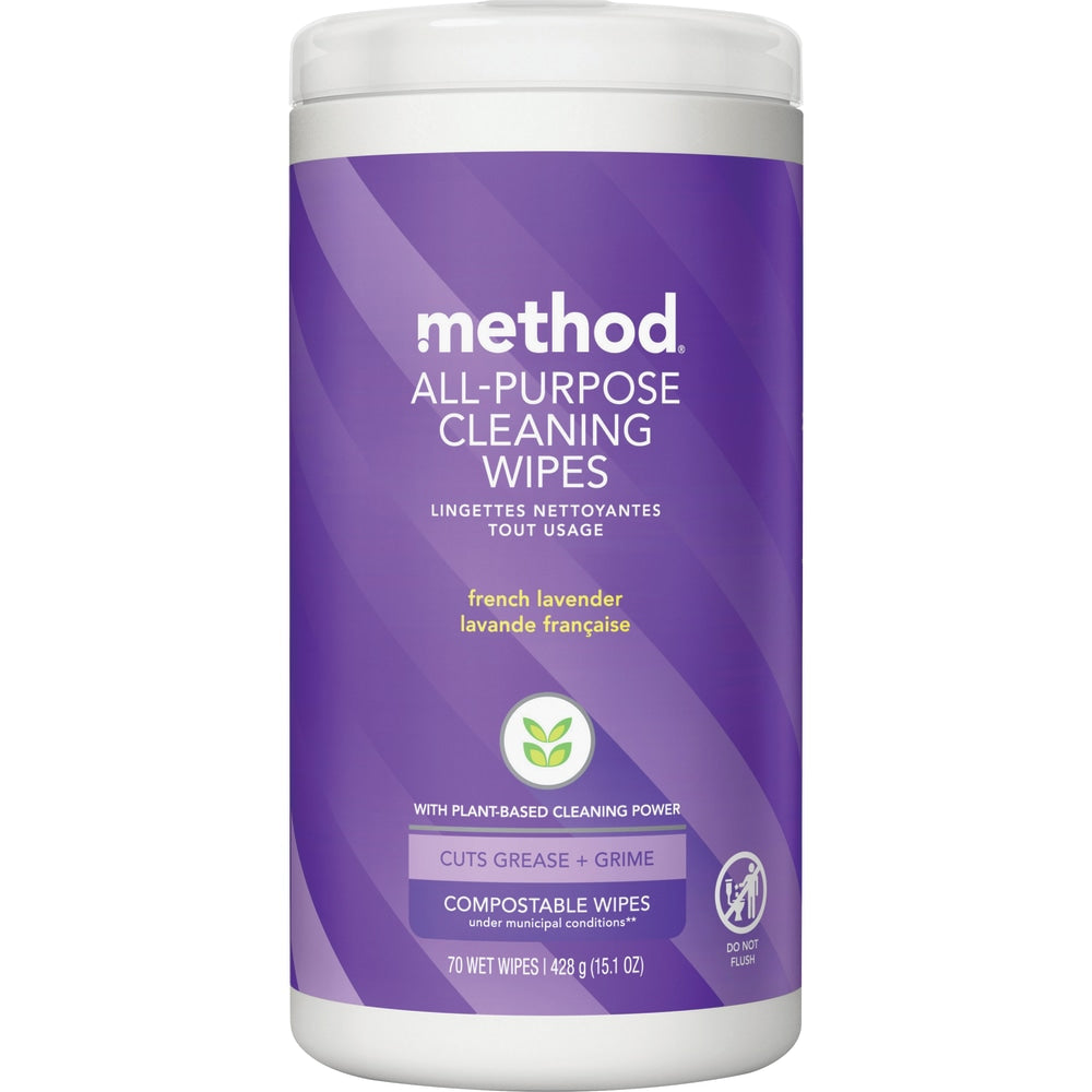 Method Plant-Based Cleaning Wipes, French Lavender Scent, 4in x 4in, 70 Wipes Per Tub