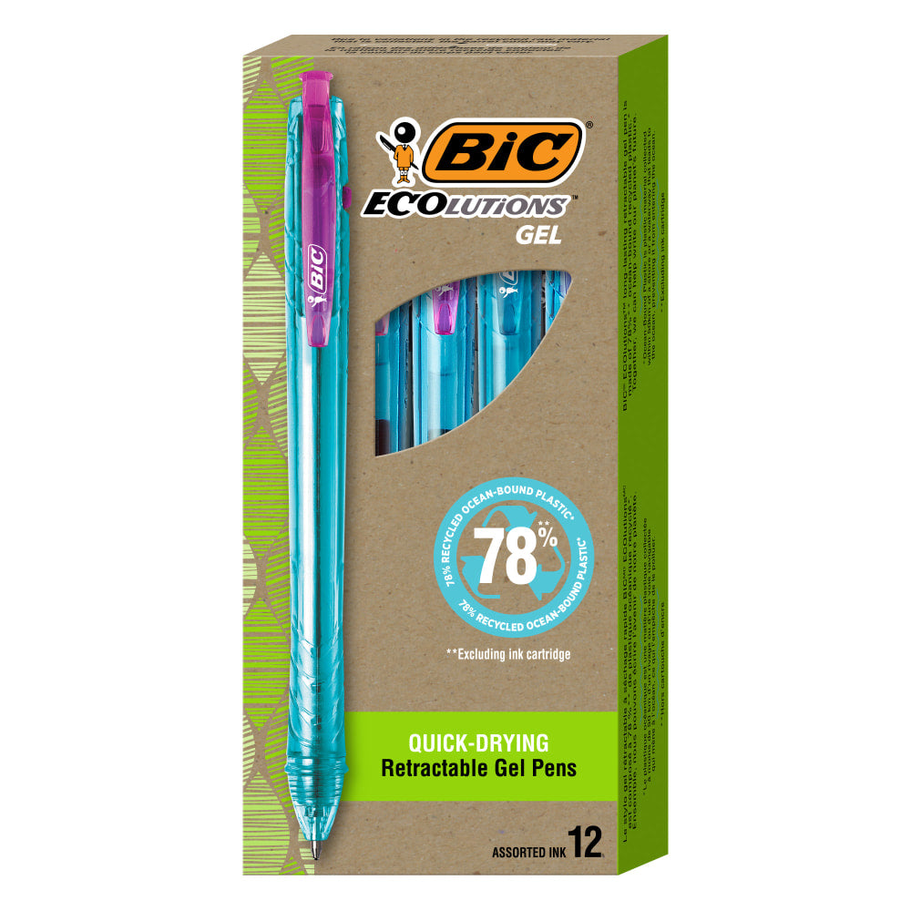 BIC Ecolutions Ocean-Bound Retractable Gel Pens, Pack Of 12 Pens, Medium Point, 0.7 mm,  78% Recycled, Clear Barrel, Assorted Ink Colors