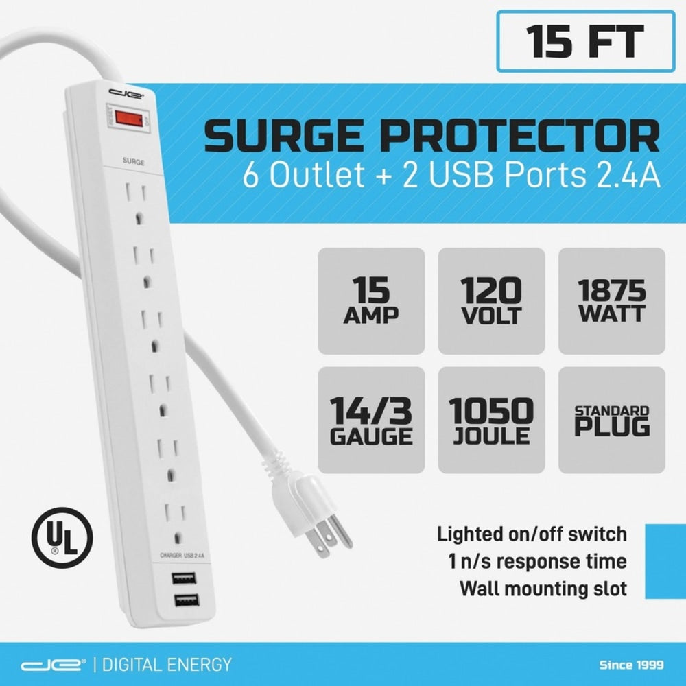 Digital Energy World 6-Outlet Surge Protector Power Strip with 2 USB Ports and 15-Foot Cord (White) - 6 x AC Power, 2 x USB - 1875 VA - 1050 J - 120 V AC Input - 15 ft