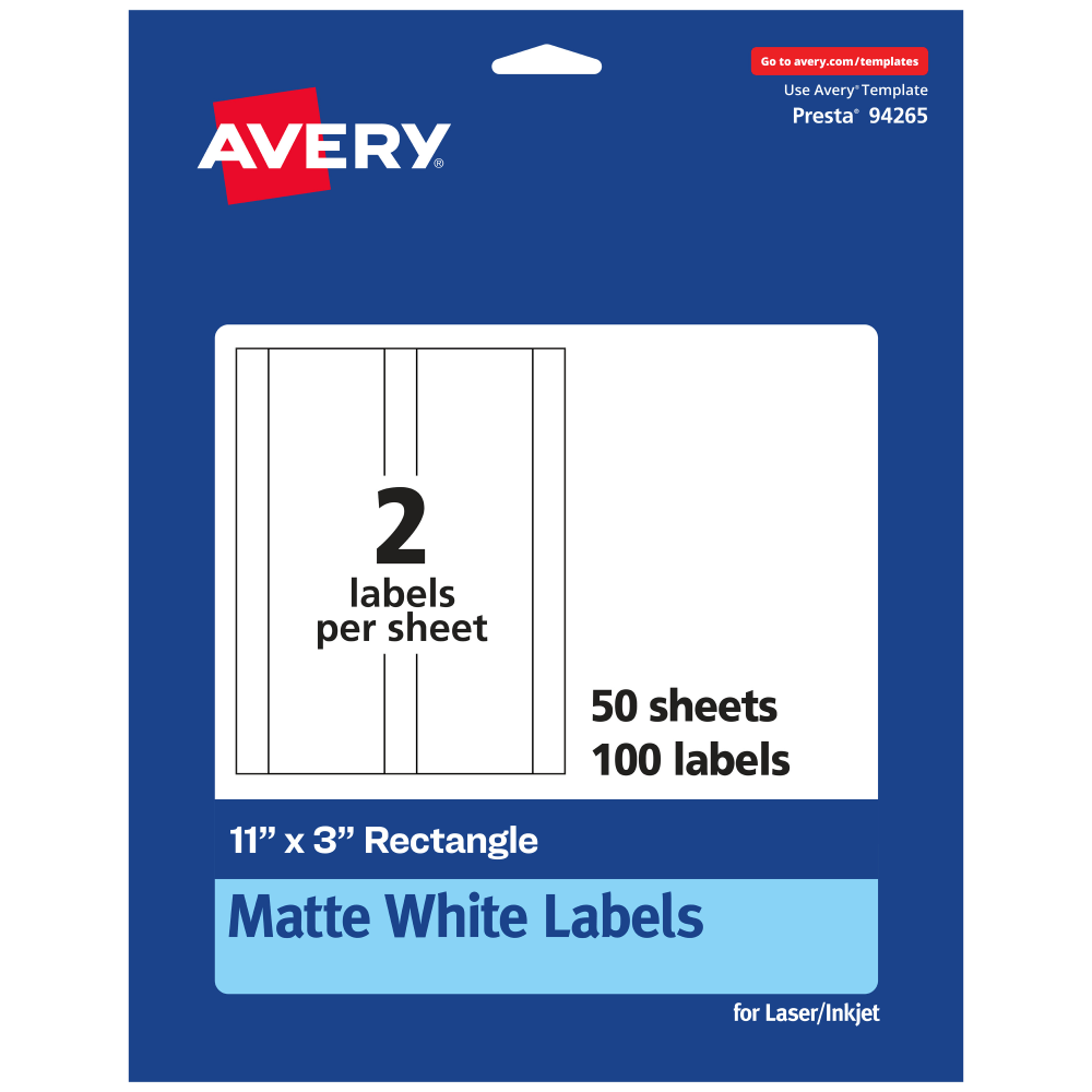 Avery Permanent Labels, 94265-WMP50, Rectangle, 11in x 3in, White, Pack Of 100