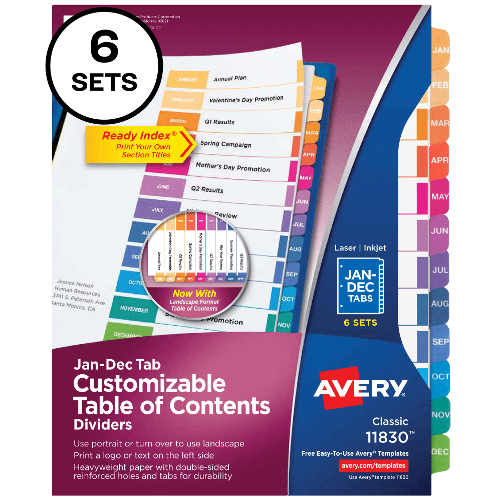 Avery Ready Index Dividers, Jan-Dec Tab & Customizable Table of Contents, 8-1/2in x 11in, Multicolor, 12 Dividers Per Pack, Set Of 6 Packs