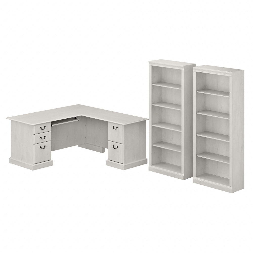 Bush Business Furniture Saratoga 66inW L-Shaped Corner Desk And Bookcase Set, Linen White Oak, Standard Delivery