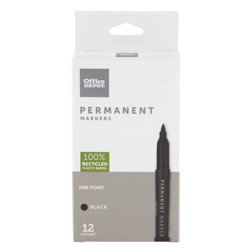 Office Depot Brand Permanent Markers, Fine Point, 100% Recycled Plastic Barrel, Black Ink, Pack Of 12