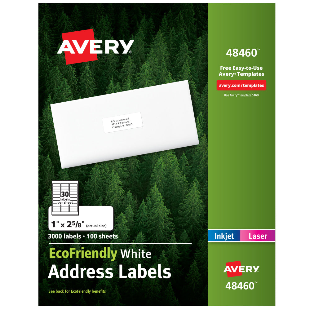 Avery EcoFriendly Address Labels, 48460, Rectangle, 1in x 2-5/8in, White, Pack Of 3,000