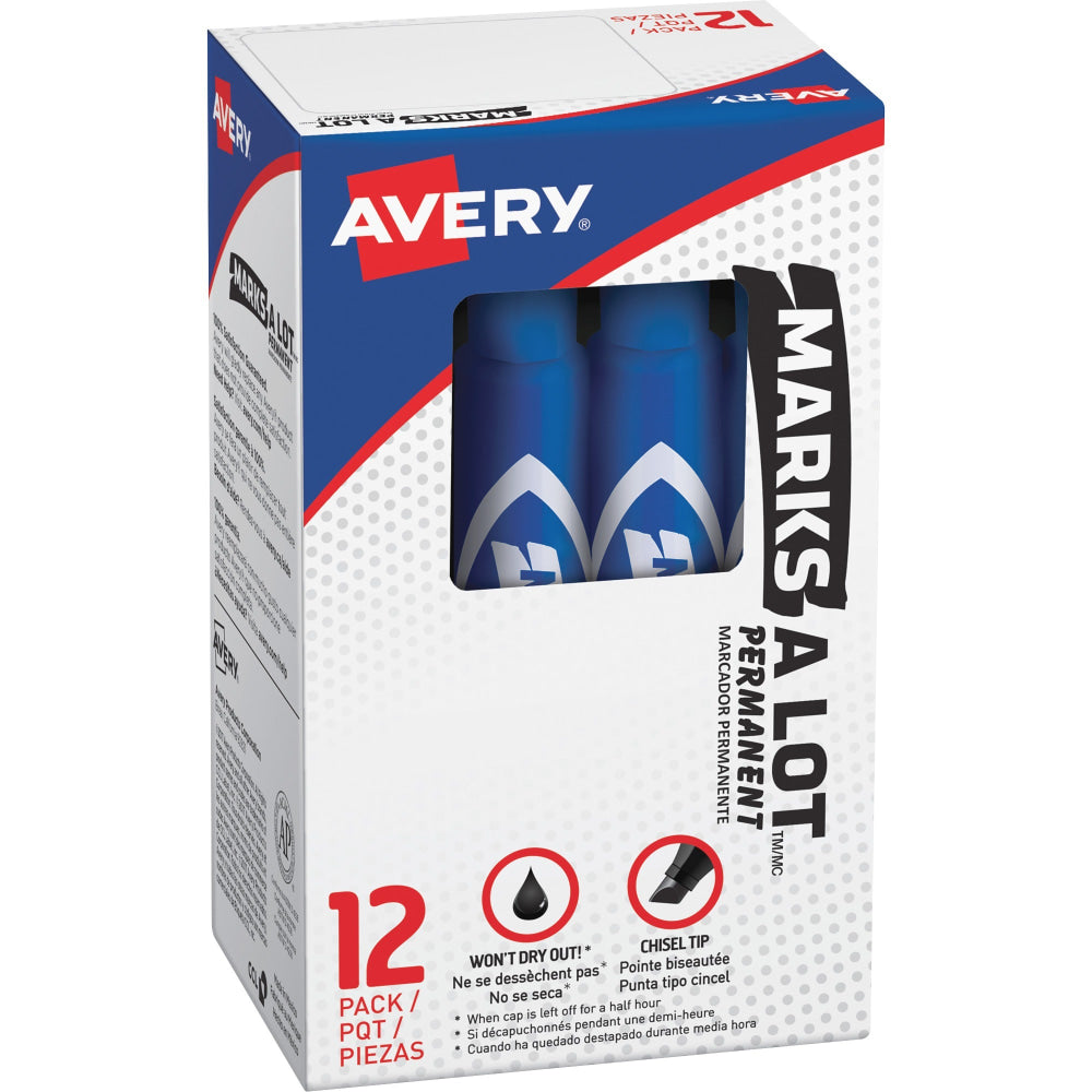 Avery Desk Style Permanent Markers, Chisel Point, 4.76mm, Blue, Pack Of 12 Markers