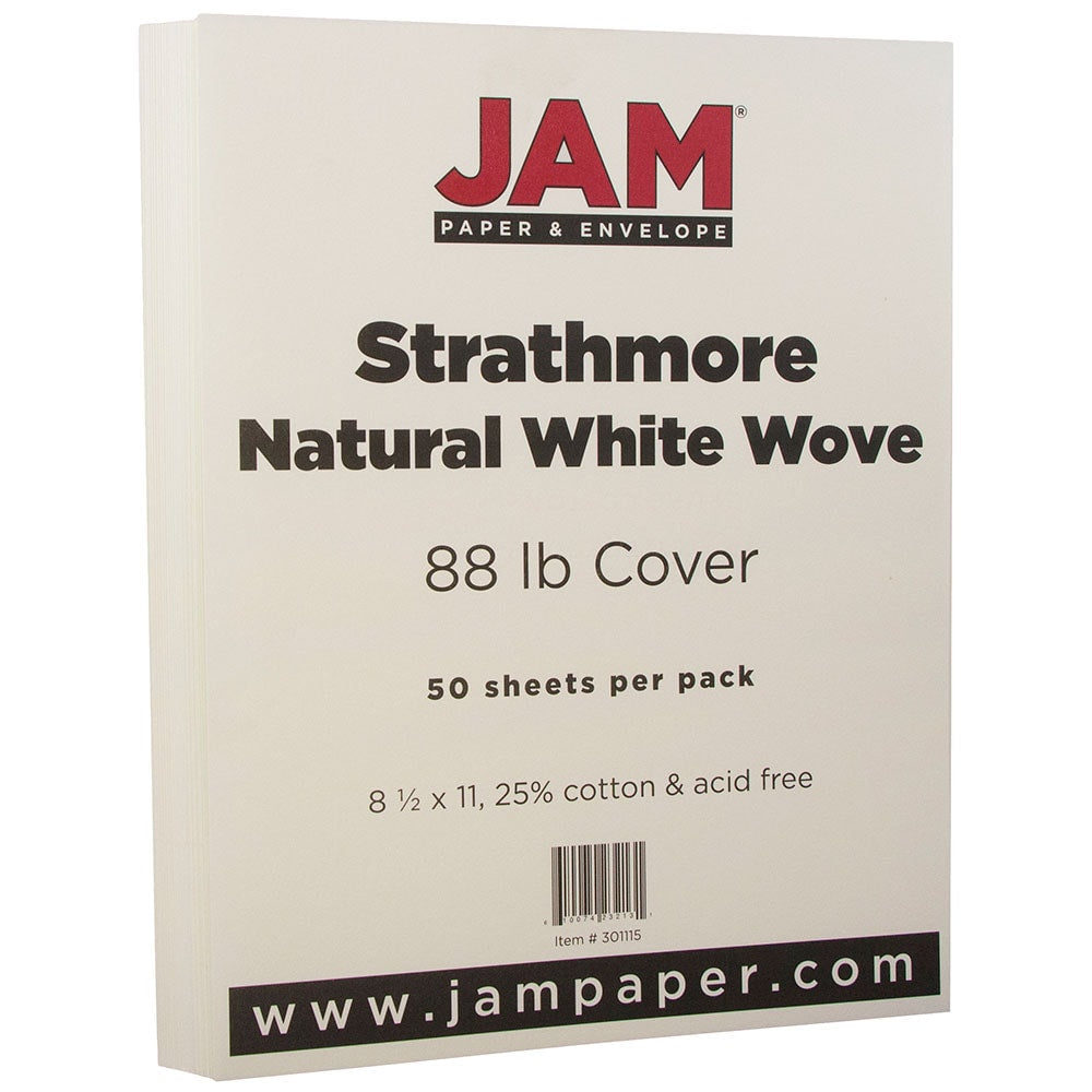 JAM Paper Card Stock, Strathmore Natural White Wove, Letter (8.5in x 11in), 88 Lb, Pack Of 50