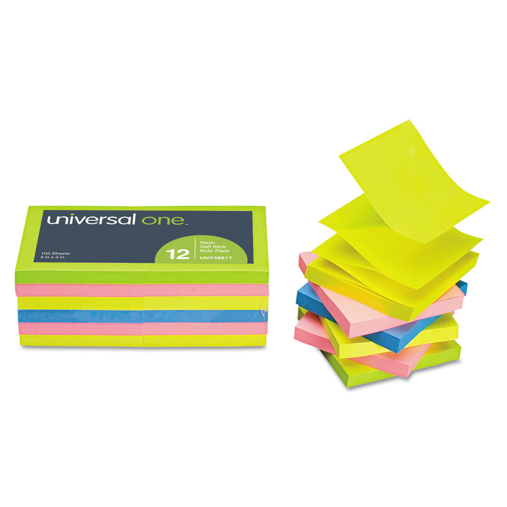 Universal Fan-Folded Pop-Up Notes, 3in x 3in, Assorted Neon Colors, 100 Sheets Per Pad, Pack Of 12 Pads