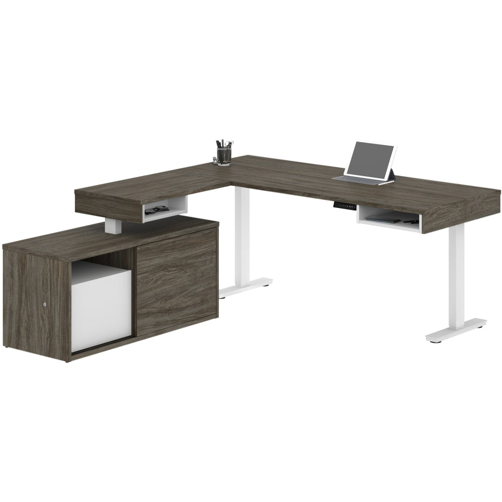 Bestar Pro-Vega 81inW L-Shaped Standing Corner Desk With Credenza, Walnut Gray/White