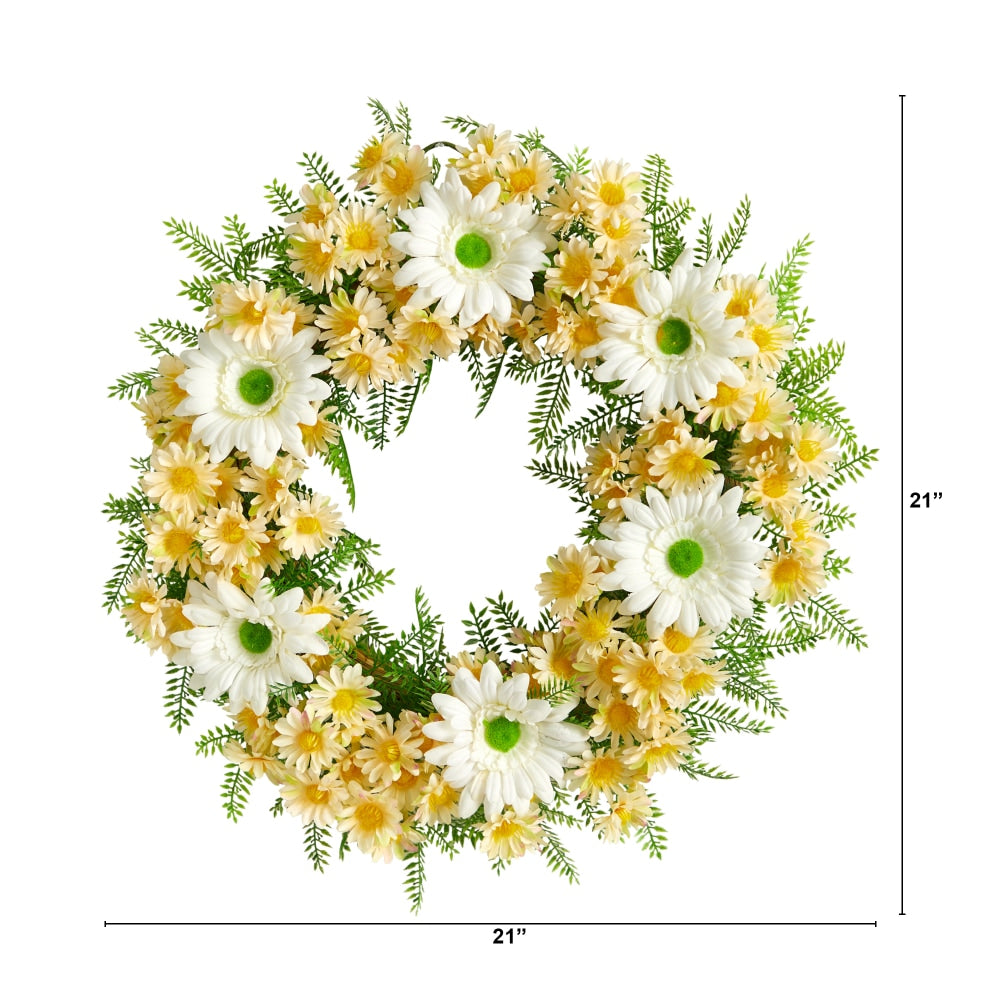 Nearly Natural Mixed Daisy 21inH Artificial Wreath, White