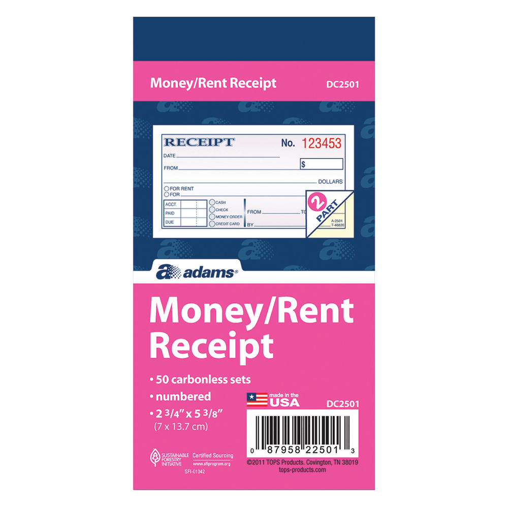 Adams Money/Rent Receipt Book, 5 3/8in x 2 3/4in, 2-Part, Carbonless, 50 Set Book