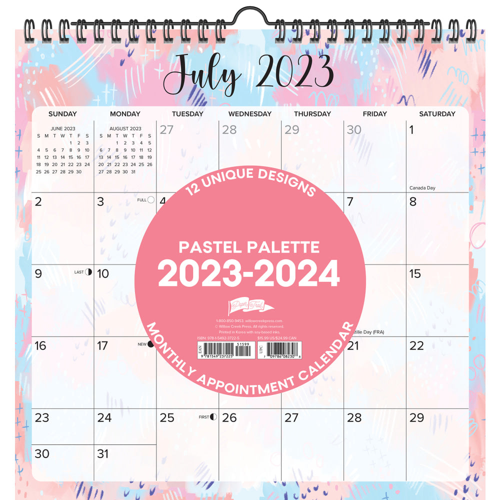 2023-2024 Willow Creek Press Monthly At A Glance Spiral Wall Art Calendar, 12in x 12in, Pastel Palette, July 2023 To June 2024