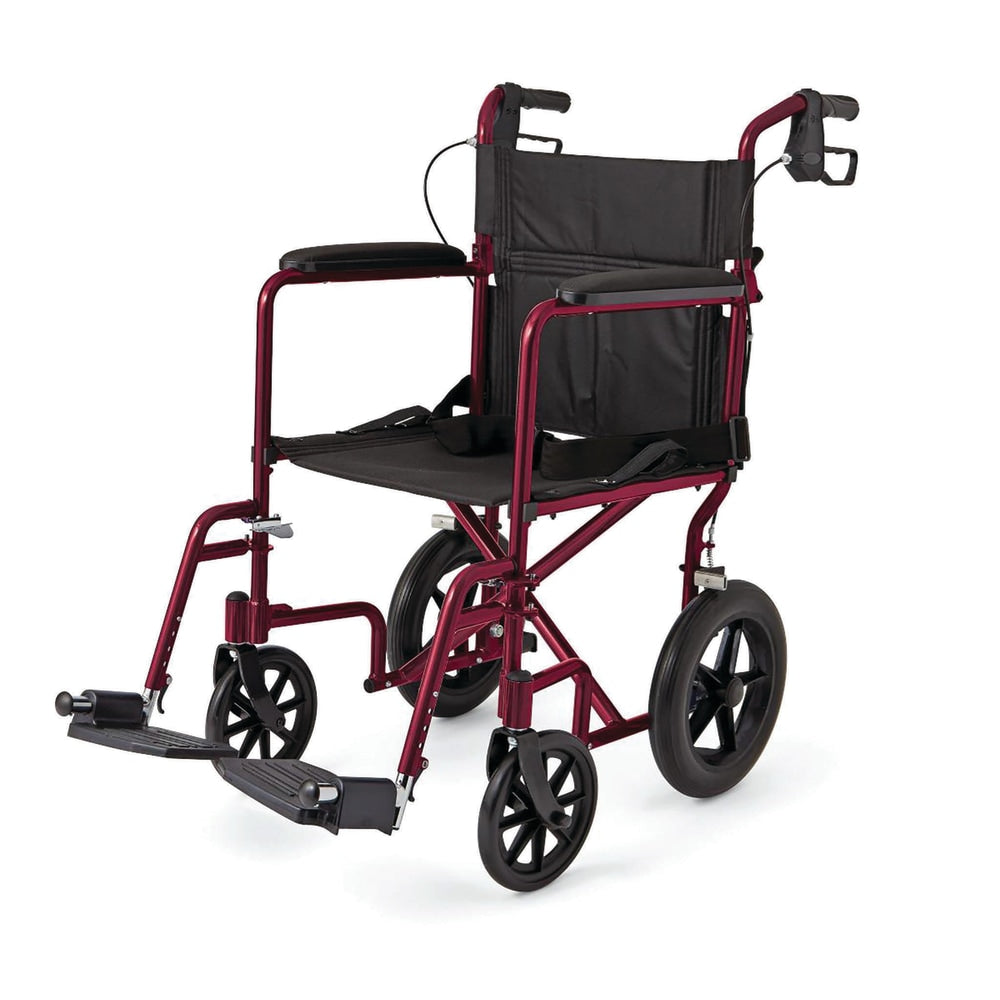 Medline Aluminum Transport Chair, 12in Wheels, Red