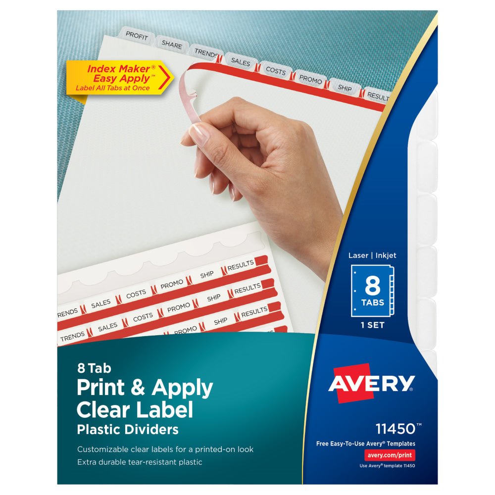 Avery Print & Apply Clear Label Translucent Plastic Dividers with Index Maker Easy Apply Printable Label Strip, 8 Frosted Clear Tabs