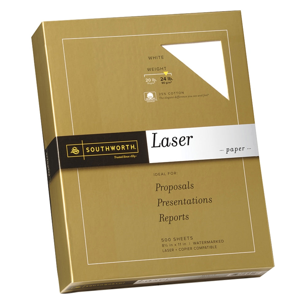 Southworth 25% Cotton Laser Paper, 8 1/2in x 11in, 24 Lb, White, Box Of 500