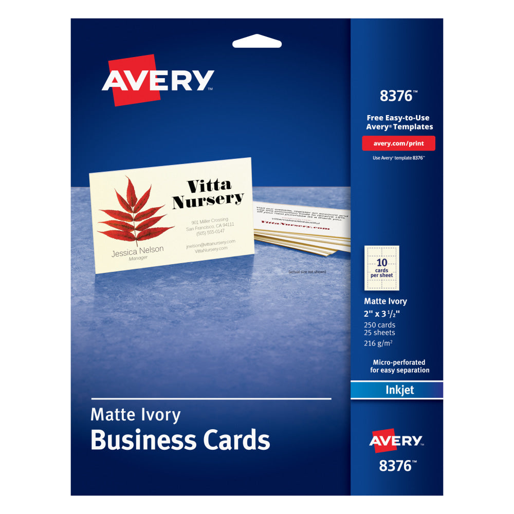 Avery Printable Business Cards With Sure Feed Technology For Inkjet Printers, 2in x 3.5in, Ivory, 250 Blank Cards