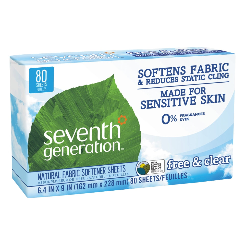 Seventh Generation Free & Clear Natural Fabric Softener Sheets, 6-3/8in x 9in, Box Of 80 Sheets