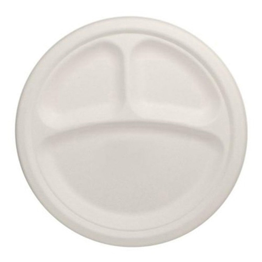 Karat Earth 9in Round 3-Compartment Bagasse Plates, Natural, Pack Of 500 Plates