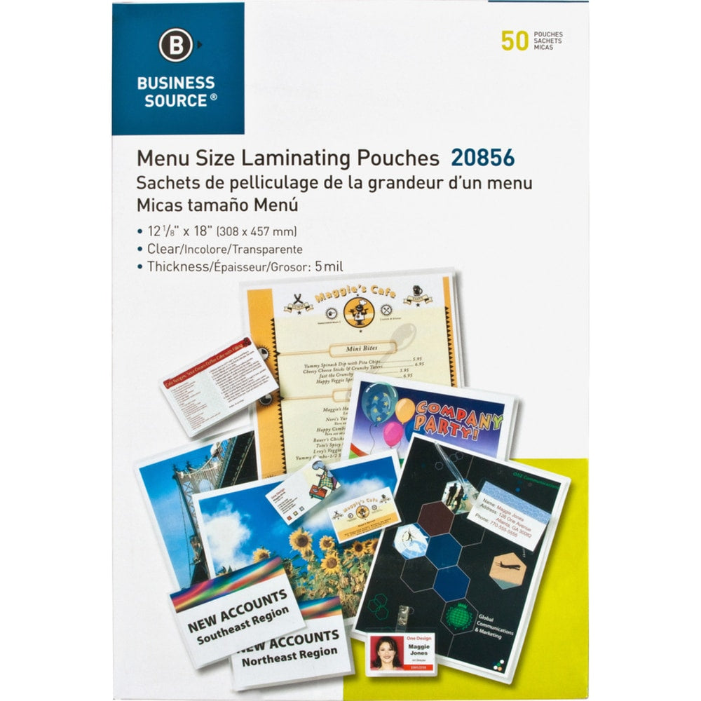 Business Source 5 mil Menu-size Laminating Pouches - Laminating Pouch/Sheet Size: 12.13in Width x 18in Length x 5 mil Thickness - for Document, ID Badge, Photo, Recipe, Recipe Card - Pre-trimmed - Clear - 50 / Box