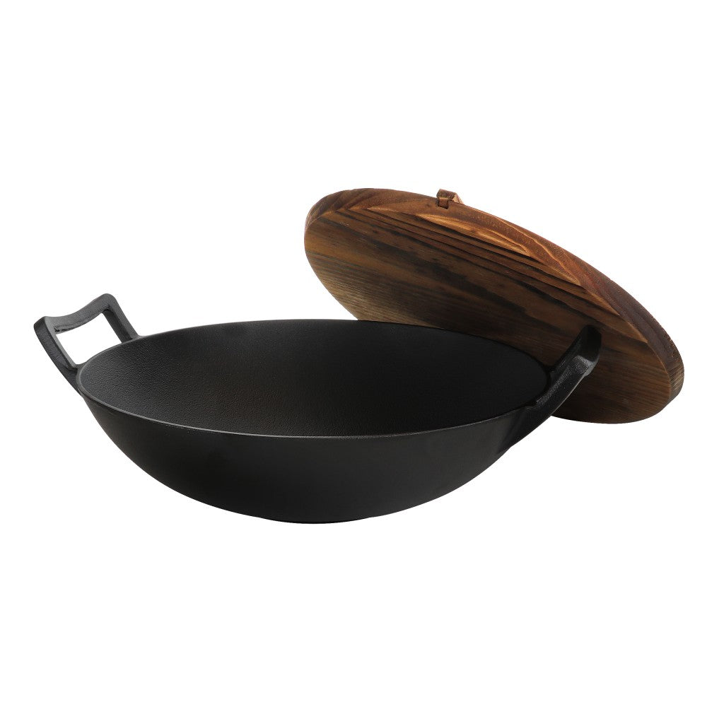 Gibson General Store Addlestone 2-Piece Heavy-Duty Cast-Iron Wok With Wood Lid, 14in, Black